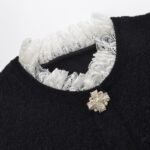 2025 Autumn and Winter French Lady Lace Splicing Diamond Buckle Black Velvet Waist Slimming Short Sleeve Long Dress - Image 4