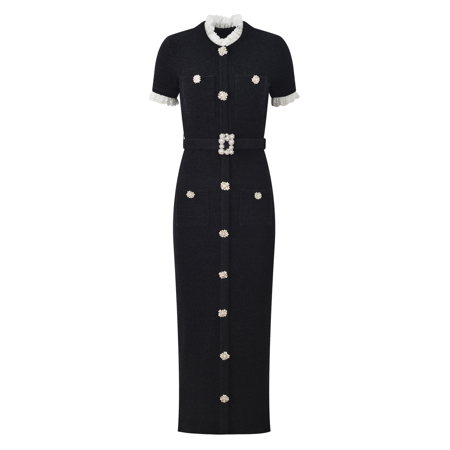 2025 Autumn and Winter French Lady Lace Splicing Diamond Buckle Black Velvet Waist Slimming Short Sleeve Long Dress - Image 5