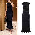 2025 autumn new lace rhinestone temperament elegant slim black round neck sleeveless long fishtail dress