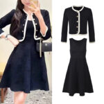 2025 autumn new French temperament black and white contrast round neck single-breasted knitted cardigan + vest skirt set