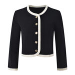 2025 autumn new French temperament black and white contrast round neck single-breasted knitted cardigan + vest skirt set - Image 2