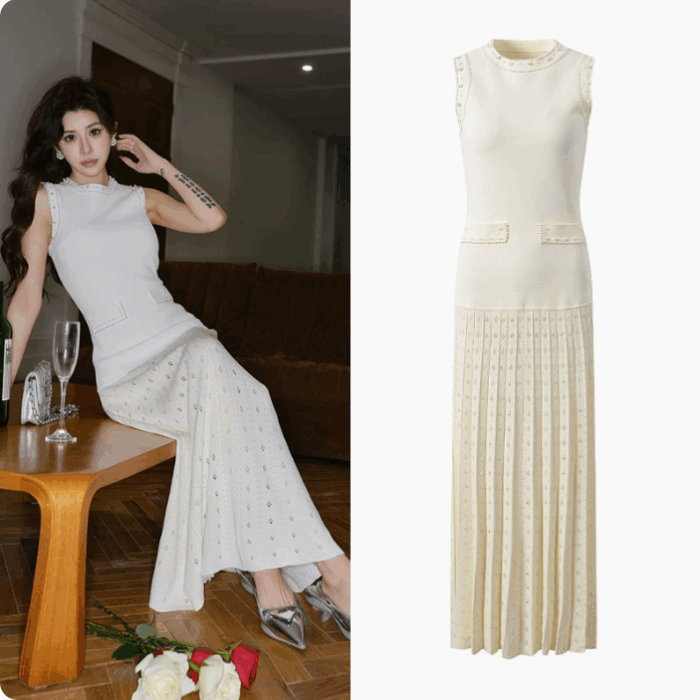 Pearls Sleeveless Knitted Dress Women 2025 Early Spring New Fashion Elegant Round Neck long Dresses 5240373