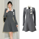 2025 autumn new college style knitted crochet contrast color lapel slim fit long sleeve knitted dress