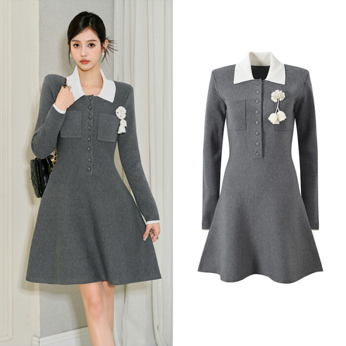 2025 autumn new college style knitted crochet contrast color lapel slim fit long sleeve knitted dress