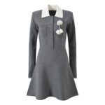 2025 autumn new college style knitted crochet contrast color lapel slim fit long sleeve knitted dress - Image 2
