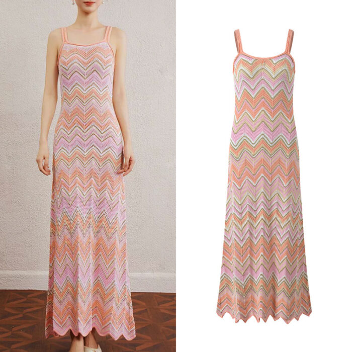 2025 autumn new wave pattern elegant slim fit long seaside vacation suspender dress