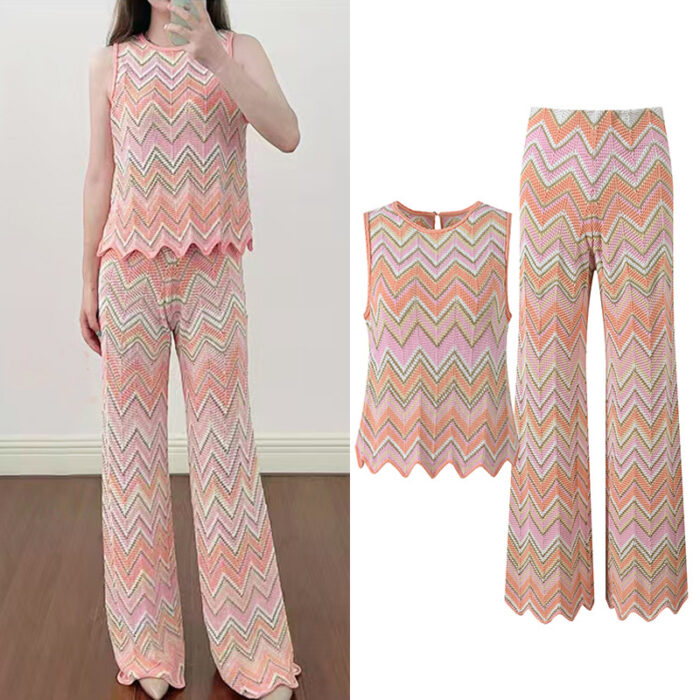 2025 autumn new style contrast color wave pattern age-reducing slim round neck sleeveless vest top + wide leg pants set