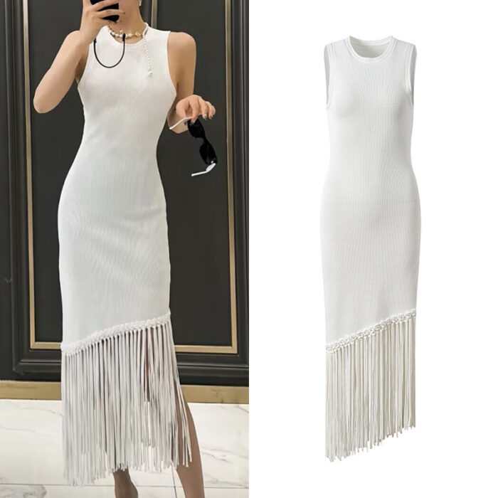 White Knit Tank Tassel Dress Women 2025 Summer New Fashion Simple Elegant Sleeveless Dresses 5250079