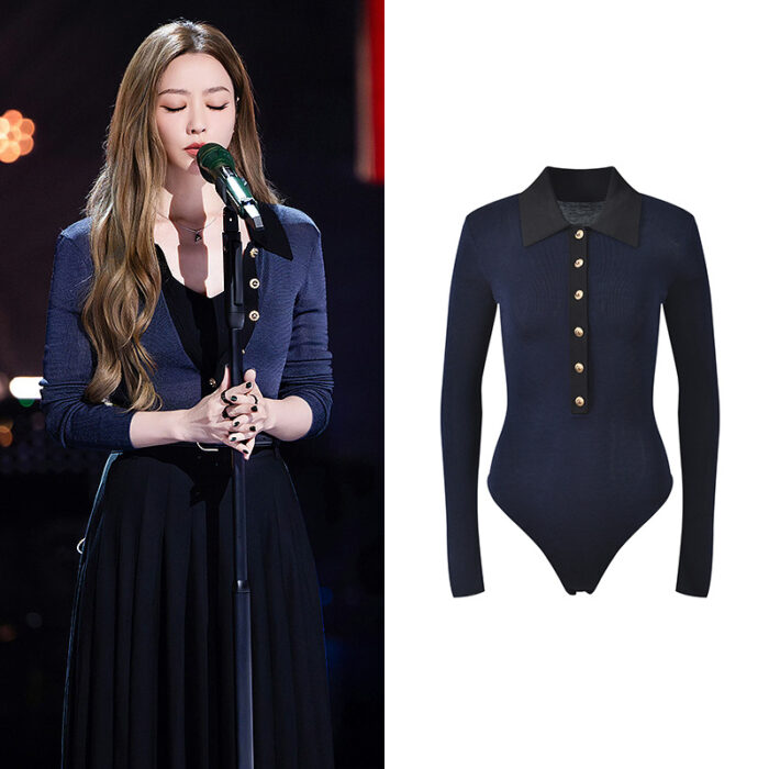 2025 autumn new fashion retro contrast color lapel simple temperament slim fit single-breasted knitted sweater top