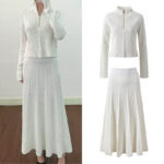 2025 Autumn and Winter French White Zipper Round Neck Long Sleeve Knit Top + High Waist Long Skirt Set 5250293