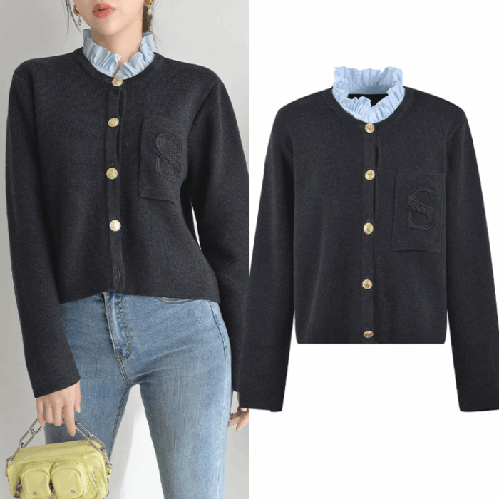Embroidery Letter Pocket Women Knit Sweater Coat Stitching Ruffles Collar Long Sleeve New Ladies Knit Cardigan 5220472