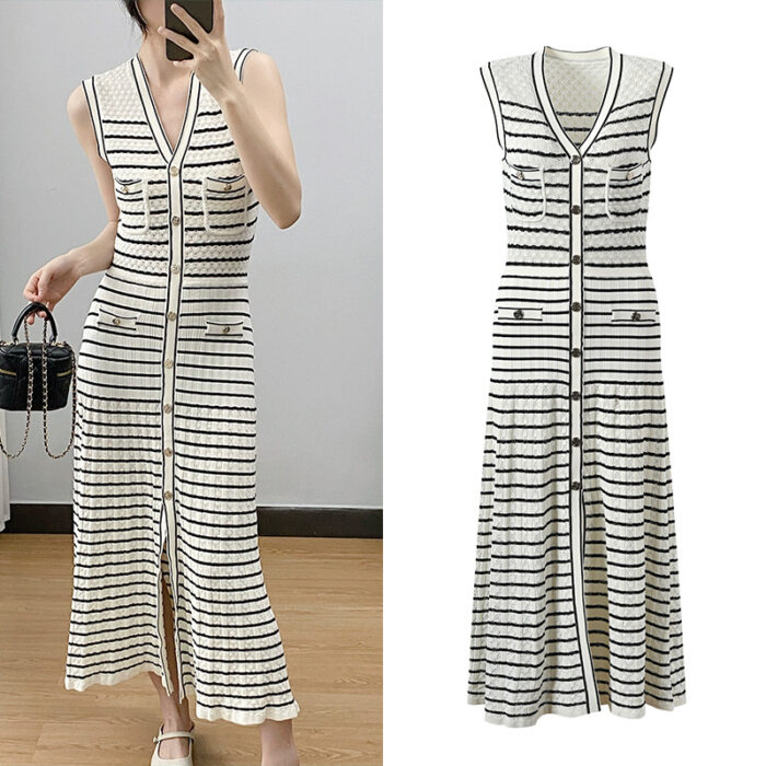 2024 New Classic Striped Knit Dress Ladies V-Neck Sleeveless Single Breasted Robe O-Neck Knitting Long Dress 5230485