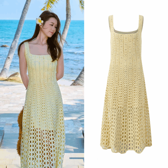 Light Yellow Hollow Out Crochet Tank Dress Women 2025 Summer New Fashion Elegant A-Line Strap Dresses 5250110