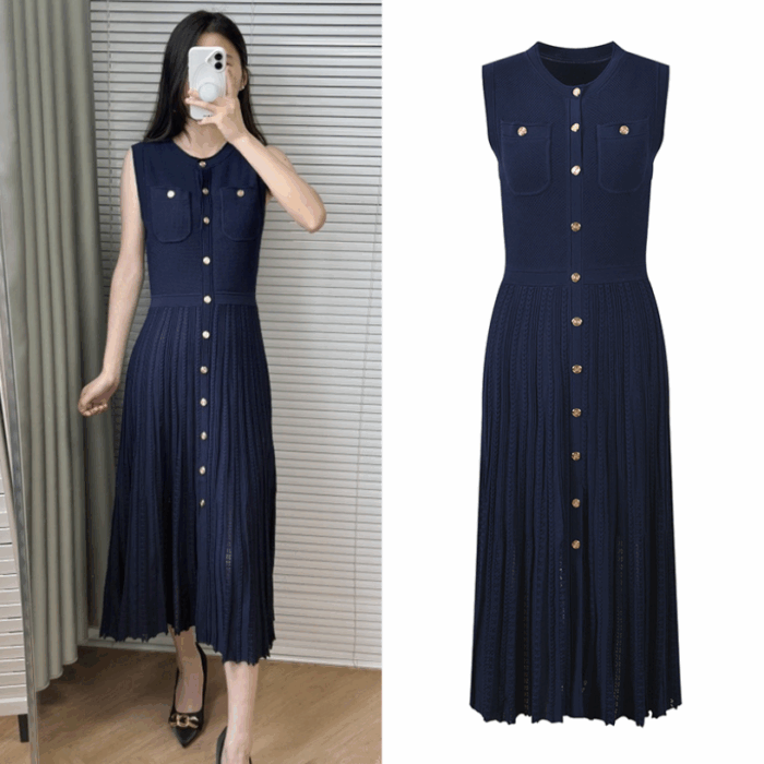 Dark Blue Knit Dress Women 2025 Spring Summer New Fashion Elegant Sleeveless Single-Breasted Slim Robe Ladies 5250005
