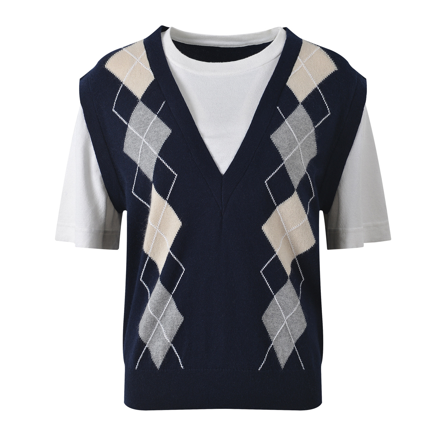 2025 autumn new contrast color fake two-piece diamond short-sleeved knitted T-shirt fashionable age-reducing versatile niche top - Image 4