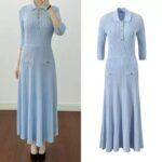 Blue Single-breasted Knitted Long Dress Women 2025 Summer New Half-sleeve Slim Pit Striped Dress 5250156