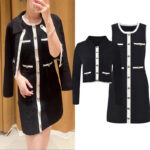 2025 autumn new black and white contrasting trim short lapel knitted cardigan + vest dress set