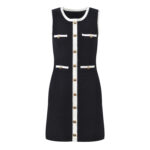 2025 autumn new black and white contrasting trim short lapel knitted cardigan + vest dress set - Image 4