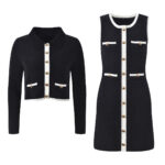 2025 autumn new black and white contrasting trim short lapel knitted cardigan + vest dress set - Image 5