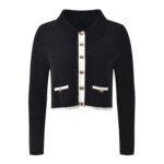 2025 autumn new black and white contrasting trim short lapel knitted cardigan + vest dress set - Image 6