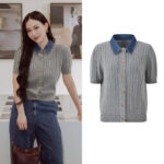 2025 summer new denim polo collar single-breasted hemp pattern short-sleeved fashionable versatile gray knitted top