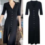 Temperament slim V-neck buttoned knitted mid-length skirt 2025 summer new knitted dress women's French style 5210499