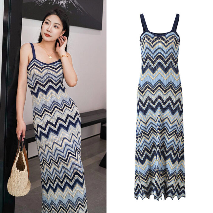 2025 Spring and Summer Design Wave Pattern Elegant Slimming Long Suspender Dress Seaside Holiday Knitted Dress