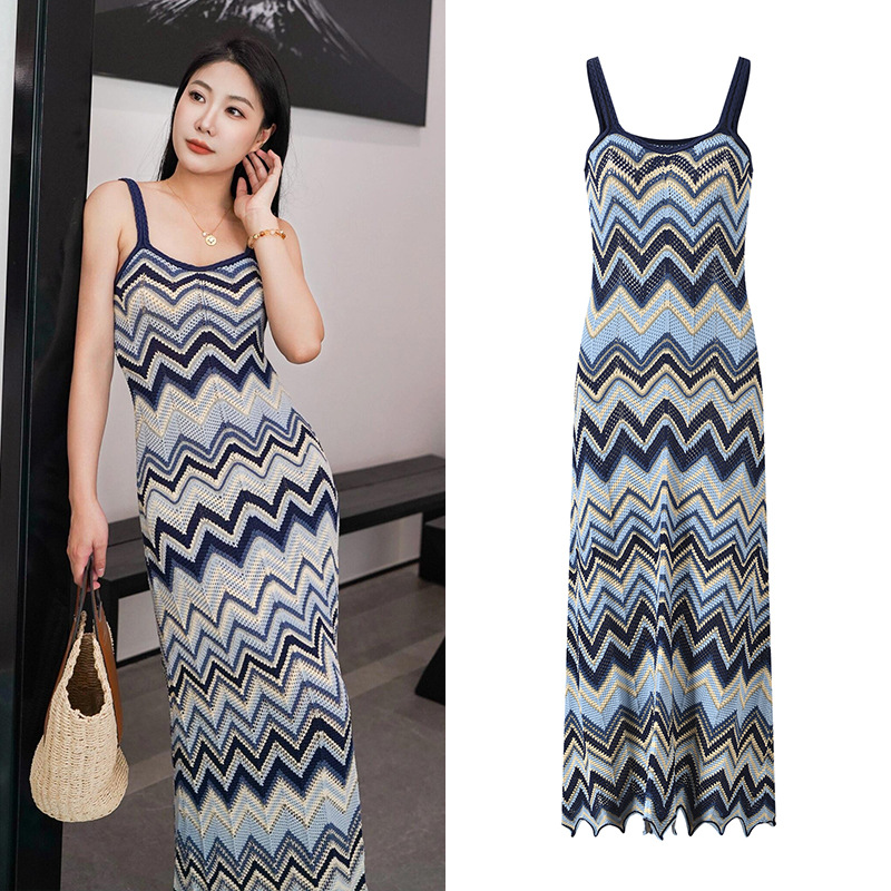 2025 Spring and Summer Design Wave Pattern Elegant Slimming Long Suspender Dress Seaside Holiday Knitted Dress