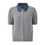 2025 summer new denim polo collar single-breasted hemp pattern short-sleeved fashionable versatile gray knitted top - Image 5
