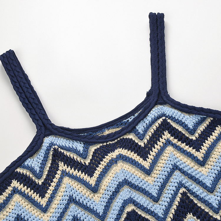 2025 Spring and Summer Design Wave Pattern Elegant Slimming Long Suspender Dress Seaside Holiday Knitted Dress - Image 4