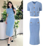 2025 autumn and winter new French lady temperament gentle wind round neck knitted cardigan hip skirt slim suit