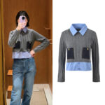 2025 Spring New Fake Two-piece Design Contrast Color Lapel Symmetrical Pocket Gray All-match Knitted Sweater Tops for Women