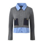 2025 Spring New Fake Two-piece Design Contrast Color Lapel Symmetrical Pocket Gray All-match Knitted Sweater Tops for Women - Image 2