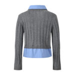 2025 Spring New Fake Two-piece Design Contrast Color Lapel Symmetrical Pocket Gray All-match Knitted Sweater Tops for Women - Image 3