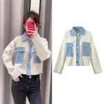 Niche design denim splicing lapel long-sleeved top 2024 spring new versatile commuter jacket