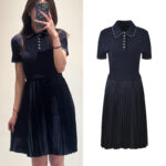 2025 autumn new French temperament fashion slim fit navy blue polo collar short sleeve pleated dress