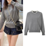 Grey Knitted Sweatshirt Women's Top 2025 Autumn New Fashion Long-sleeved Sweater 5240170