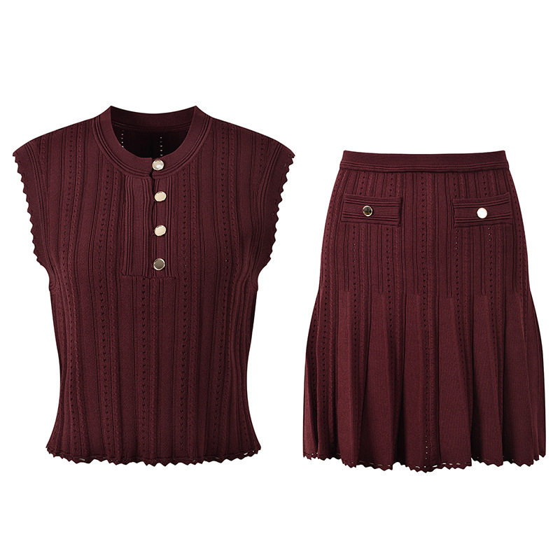 French Short Skirt Set Women's Round Neck Sleeveless Vest Short Knitted Top + Pleated Skirt 2024 New Early Autumn 5240126 - Image 5