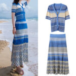 Stripe Knited Cardigan Set Women Spring Summer New Fashion Elegant Slim Hollow-out Tops+ Long Skirt Suit 520073