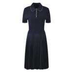 2025 autumn new French temperament fashion slim fit navy blue polo collar short sleeve pleated dress - Image 2