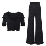 2024 Summer Temperament Wave Texture Knit 2 Piece Set Women Black Slim Short Top +High Waist Long Pants Suit 5240059 - Image 4