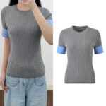 2025 autumn new contrast color stitching shirt sleeve pit stripes temperament slim fit round neck knitted T-shirt top