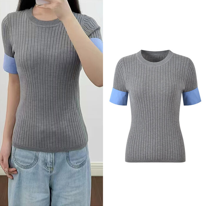 2025 autumn new contrast color stitching shirt sleeve pit stripes temperament slim fit round neck knitted T-shirt top