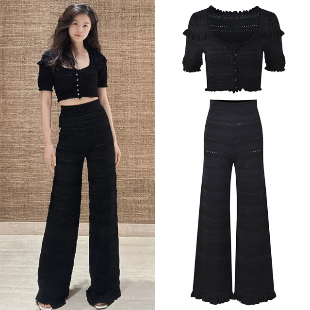 2024 Summer Temperament Wave Texture Knit 2 Piece Set Women Black Slim Short Top +High Waist Long Pants Suit 5240059