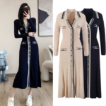 Fashionable and Comfortable New One-piece Dress Single Breasted Slim V-neck Knitted Long Sleeve Dress 5210677
