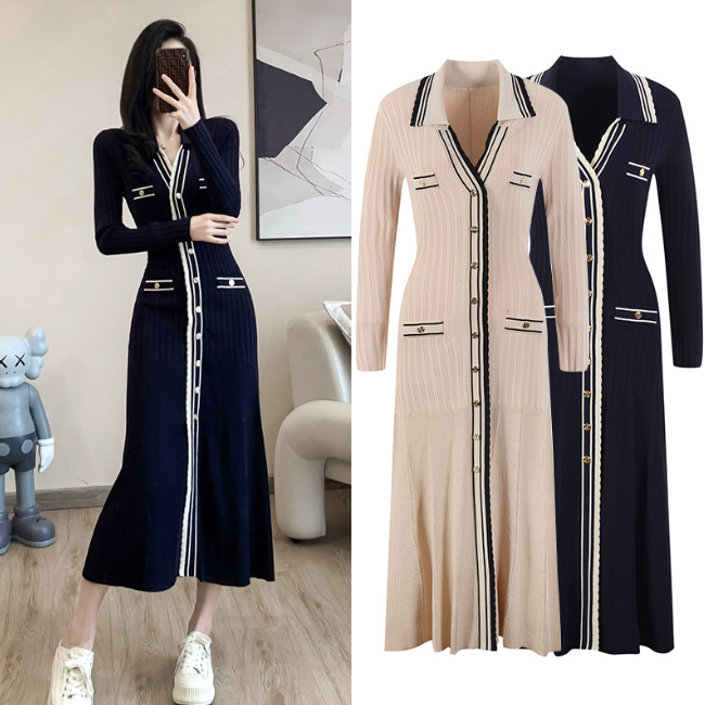 Fashionable and Comfortable New One-piece Dress Single Breasted Slim V-neck Knitted Long Sleeve Dress 5210677