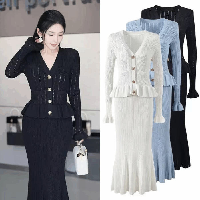 V-neck Elegance Dress Women's 2024 New Ruffle Edge Patchwork Knitted Fishtail Dresses 5240112