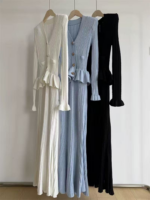 V-neck Elegance Dress Women's 2024 New Ruffle Edge Patchwork Knitted Fishtail Dresses 5240112 - Image 2