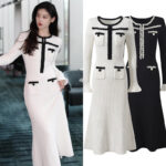 2025 Autumn New French Lady Heavy Beading Waist Cinching Slimming Mermaid Dress Contrast Color Round Neck Long Dress