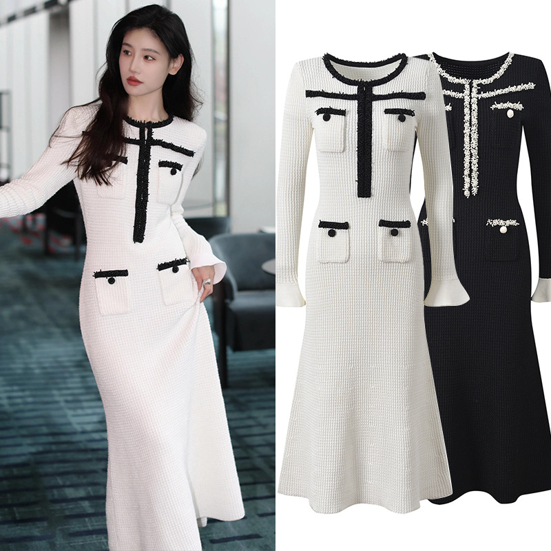 2025 Autumn New French Lady Heavy Beading Waist Cinching Slimming Mermaid Dress Contrast Color Round Neck Long Dress